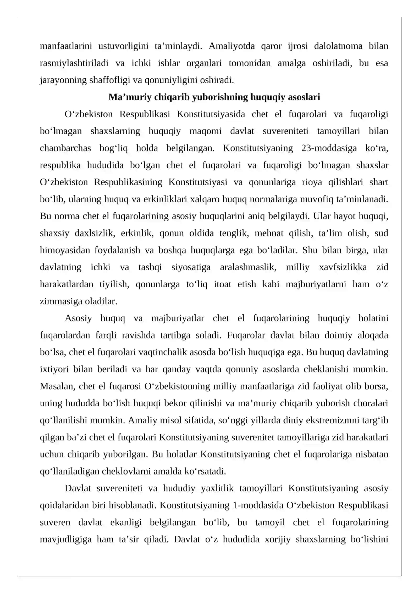 Chet el fuqarolarini va fuqaroligi bo’lmagan shaxslarni o’zbekiston respublikasi hududidan ma’muriy tarzda chiqarib yuborish to’g’risidagi qarorni ijro etish bo’yicha ish yuritish 3