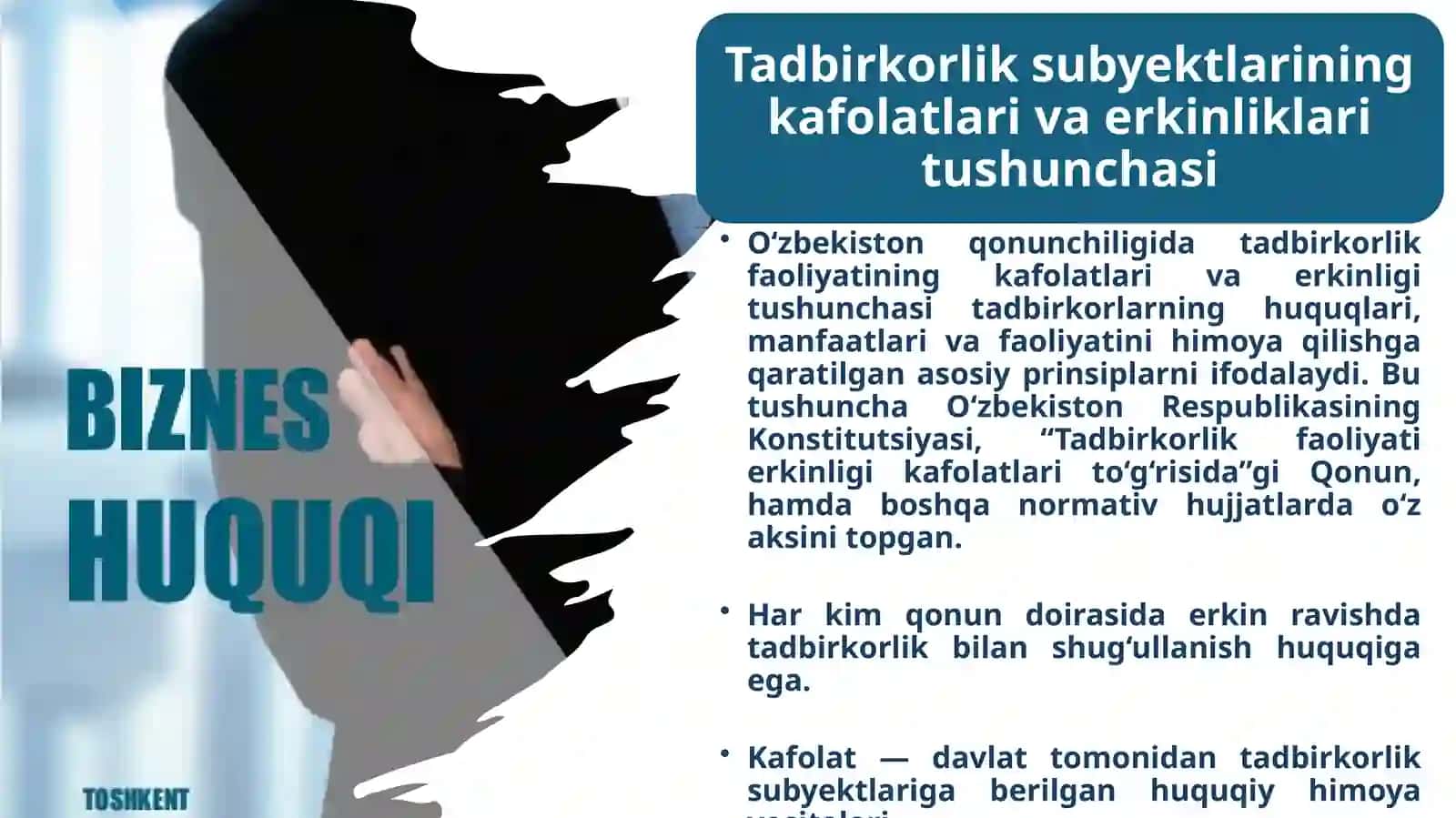 Tadbirkorlik subyekti kafolatlari va erkinliklar tushunchasi, turlari va maqsadining o‘zaro o‘xshash hamda farqli jihatlarini amaliy misollar bilan qonunchilik hujjatlari asosida izohlang 3