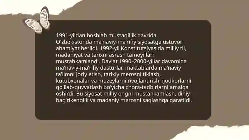 Mustaqillik yillarida O'zbekistondagi ma'naviy va madaniy taraqqiyot 3