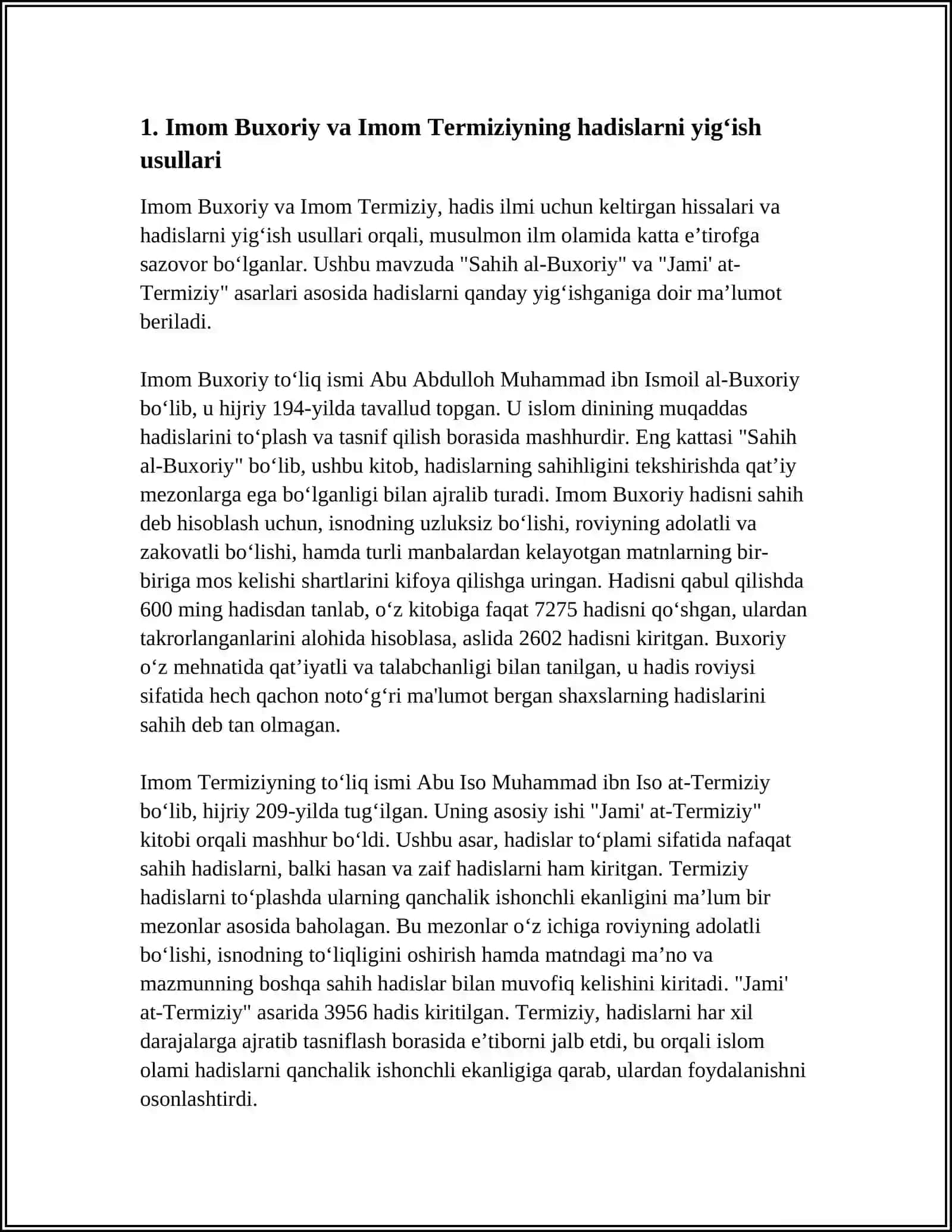 IMOM BUXORIY VA IMOM TERMIZIYNING HADIS ILMIGA QO’SHGAN HISSALARINI QIYOSIY TAHLILI 3