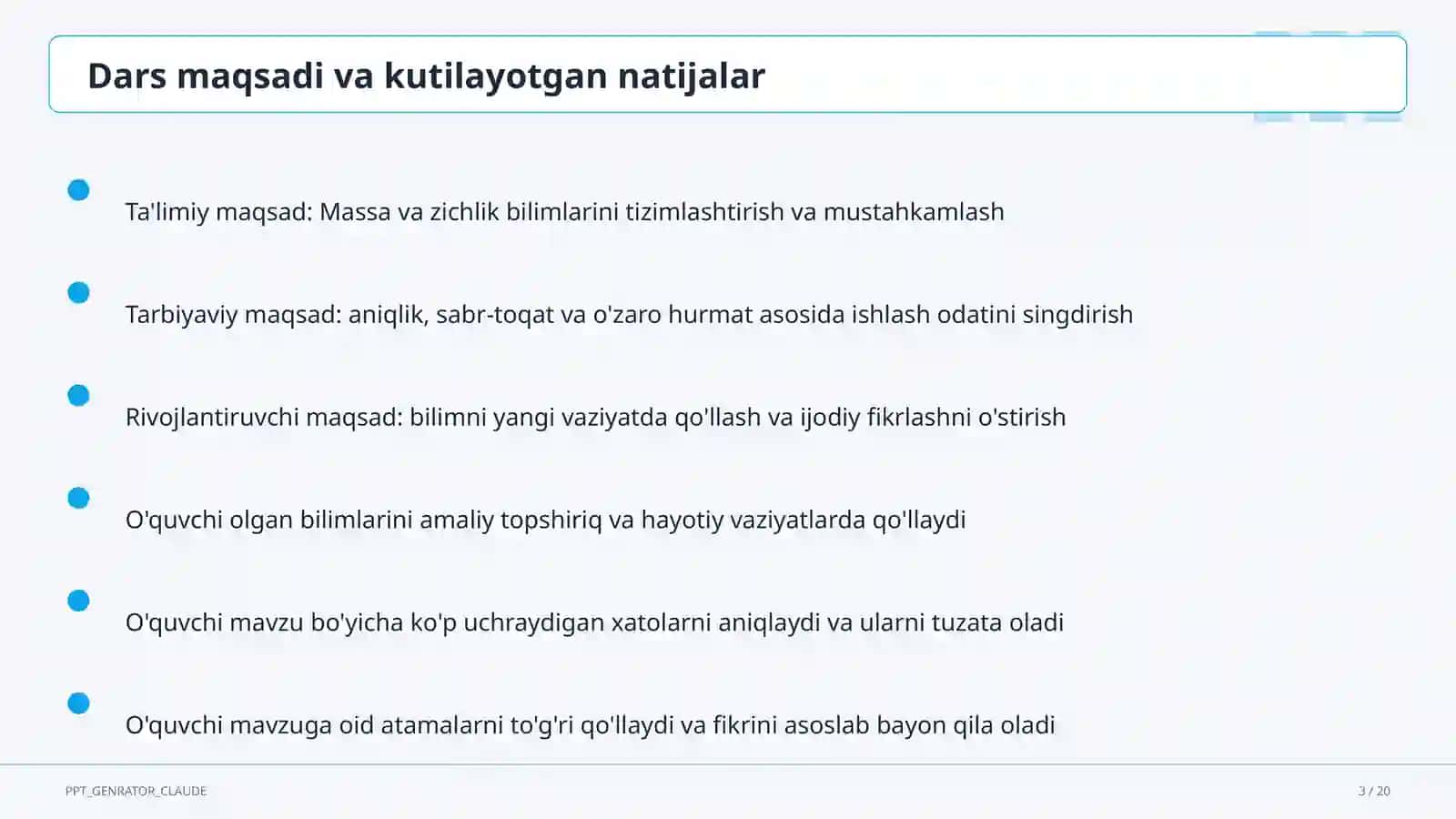 Massa va zichlik (6-sinf) Fizika (6–11) — mustaqil o'rganish uchun 3