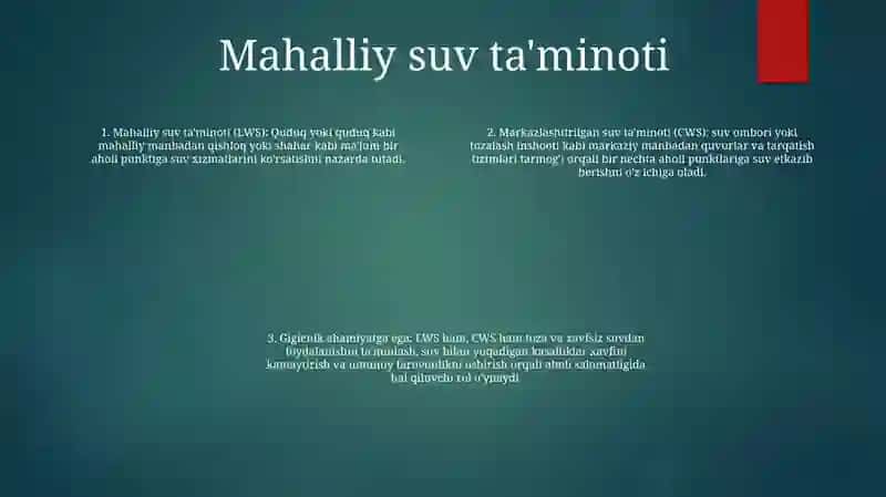 Mahalliy Va Markazlashgan Suv Ta'Minoti Haqida Tushuncha Ularning Gigiyenik Ahamiyati 3