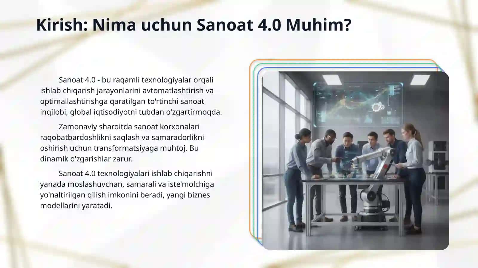 1	Industry 4.0 konsepsiyasi: kelib chiqishi, asosiy texnologiyalari va global rivojlanish tendensiyalari. 3