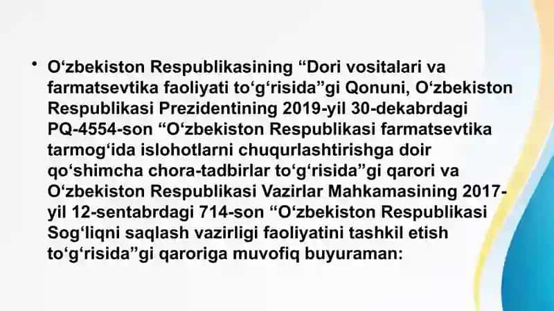 O’ZBEKISTON RESPUBLIKASI PREZIDENTINING RETSEPTURAGA ASOSLANGAN QONUN VA FFARMOYISHLARI 3