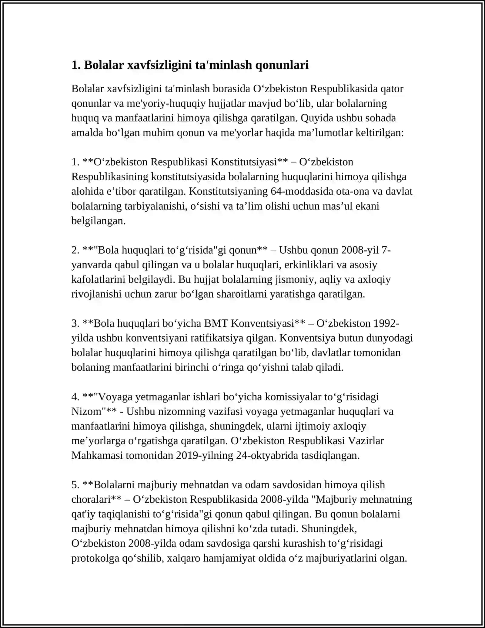 BOLALAR XAVFSIZLIGINI BOSHQARISH BO'YICHA QONUNLAR, QOIDALAR VA SIYOSATLAR 3