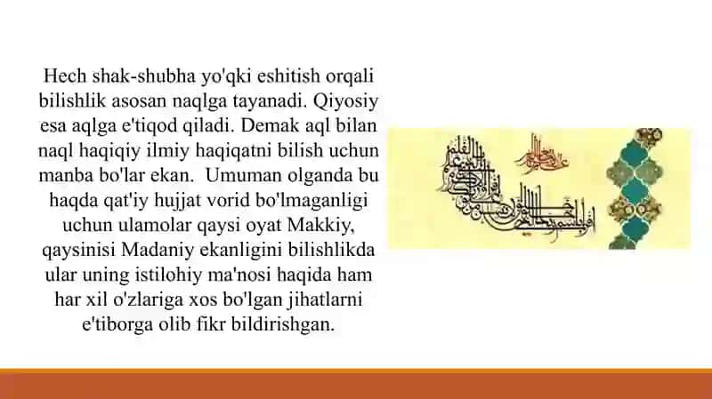 Sura va oyatlarni makkiy yoki madaniyga ajratishda ulamolarning yondashuvi makon, zamon va xitob 3
