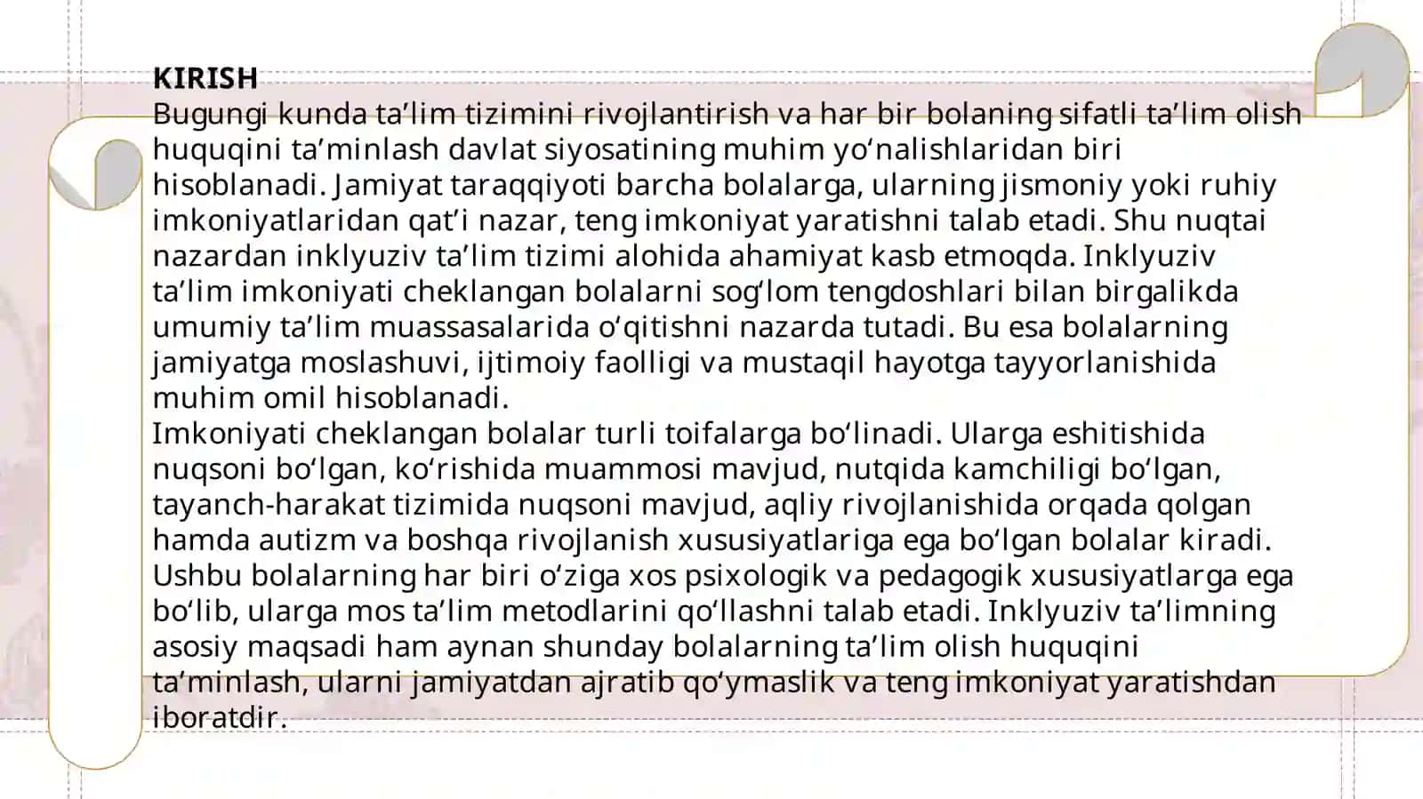 Inkuliziv talimga jalb qilingan imkoniyati cheklangan bolalar toifalari 3