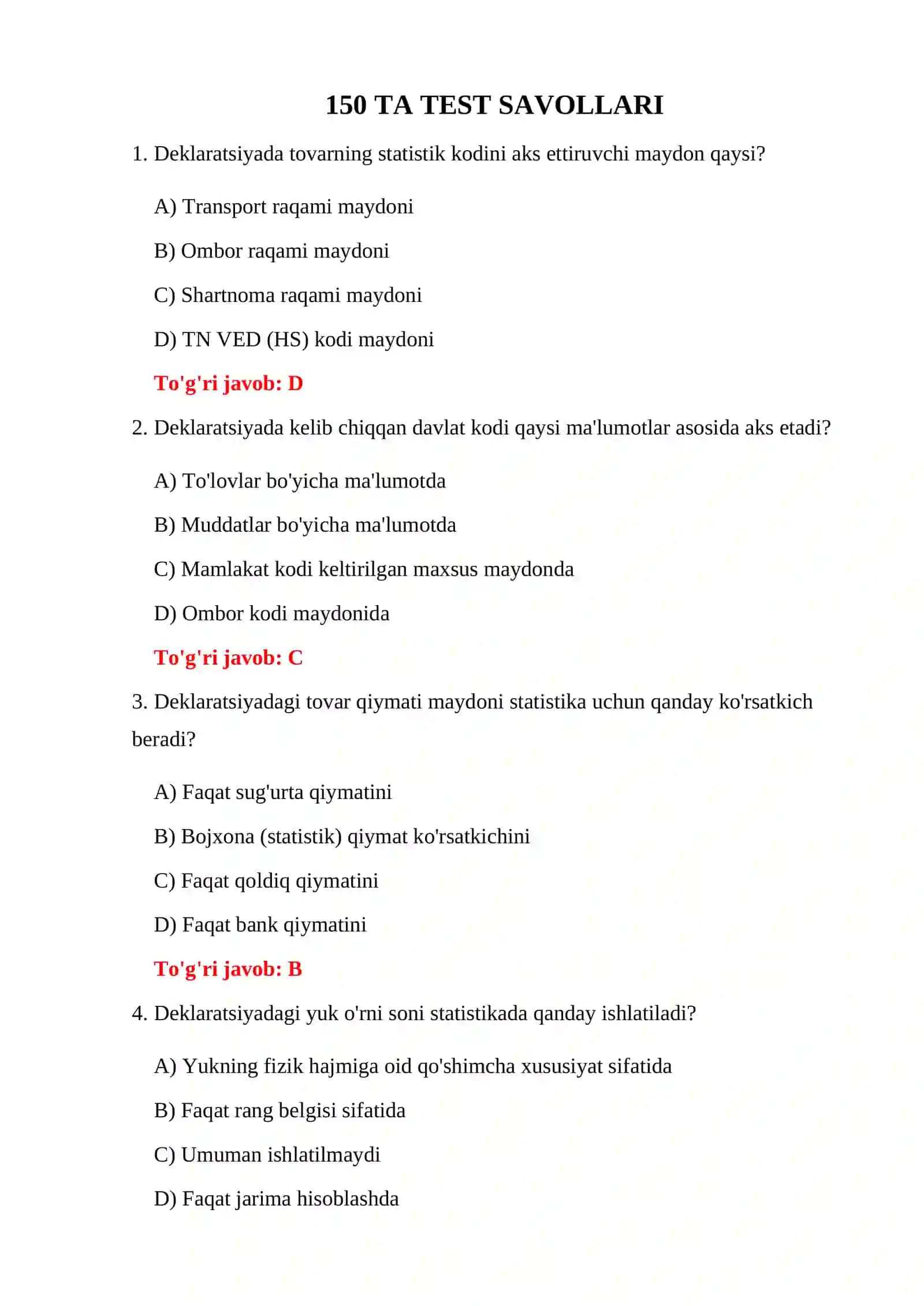 BOJXONA STATISTIK HISOBOTLARI TESTLARI 3