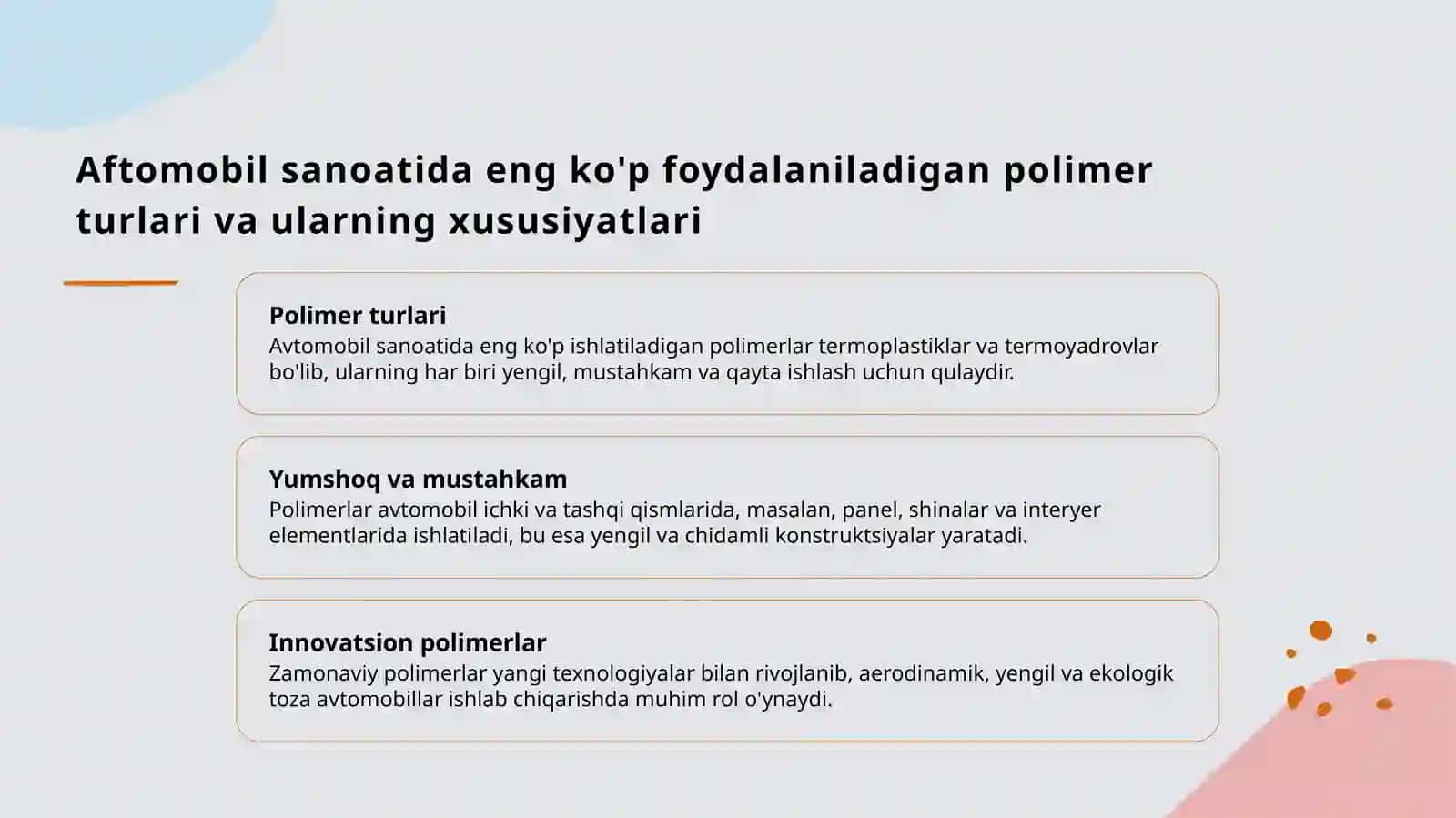 Aftomobil sanoatida polimer kompazitsion materiallardan foydalanish mavzusida slayd 3