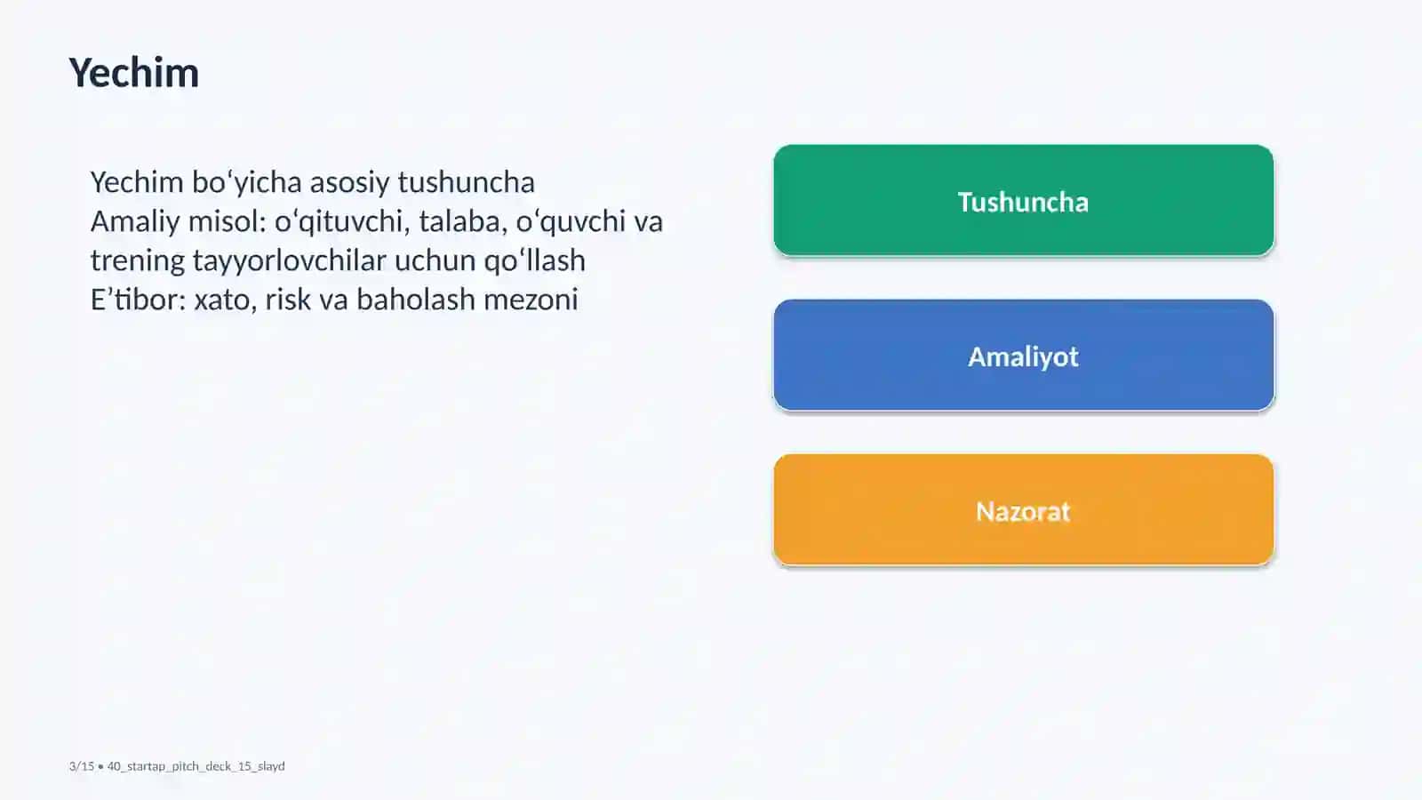 Startap pitch deck tuzish — 15 slayd 3