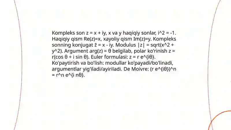 Turgʻunpoʻlatoʻva Muhlisa geografiya fani 1- kurs talabasi Kompleks sonning koʻrsatkichli formasi mavzusida taqdimot tayyorlab ber 3