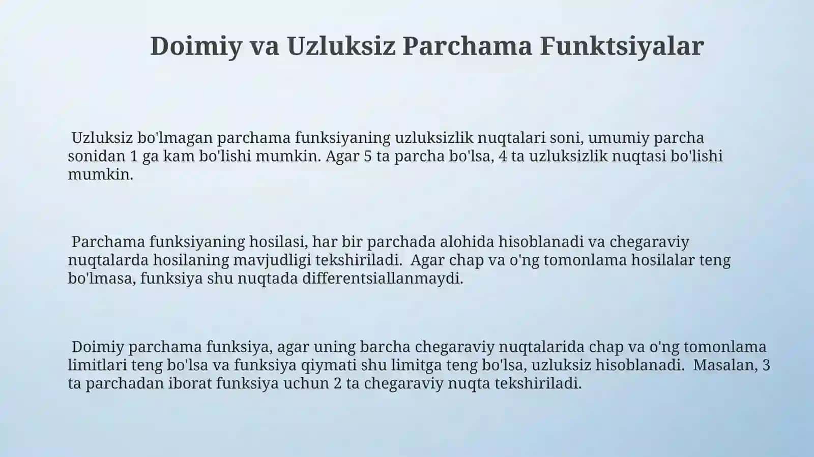 Doimiy va Uzluksiz Parchama Funktsiyalar 3