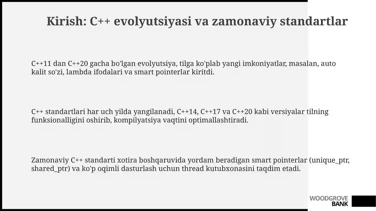 C++ dasturlash tilida zamonaviy standartlar (C++11-C++20) imkoniyatlarini tahlil qilish 3