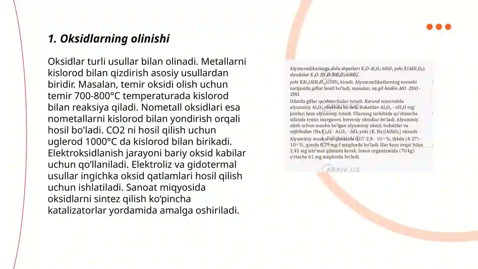 Oksidlar, asoslar, kislatalar va tuzlarning olinishi, xossalari ishlatilishi. Modda tuzilishi 3
