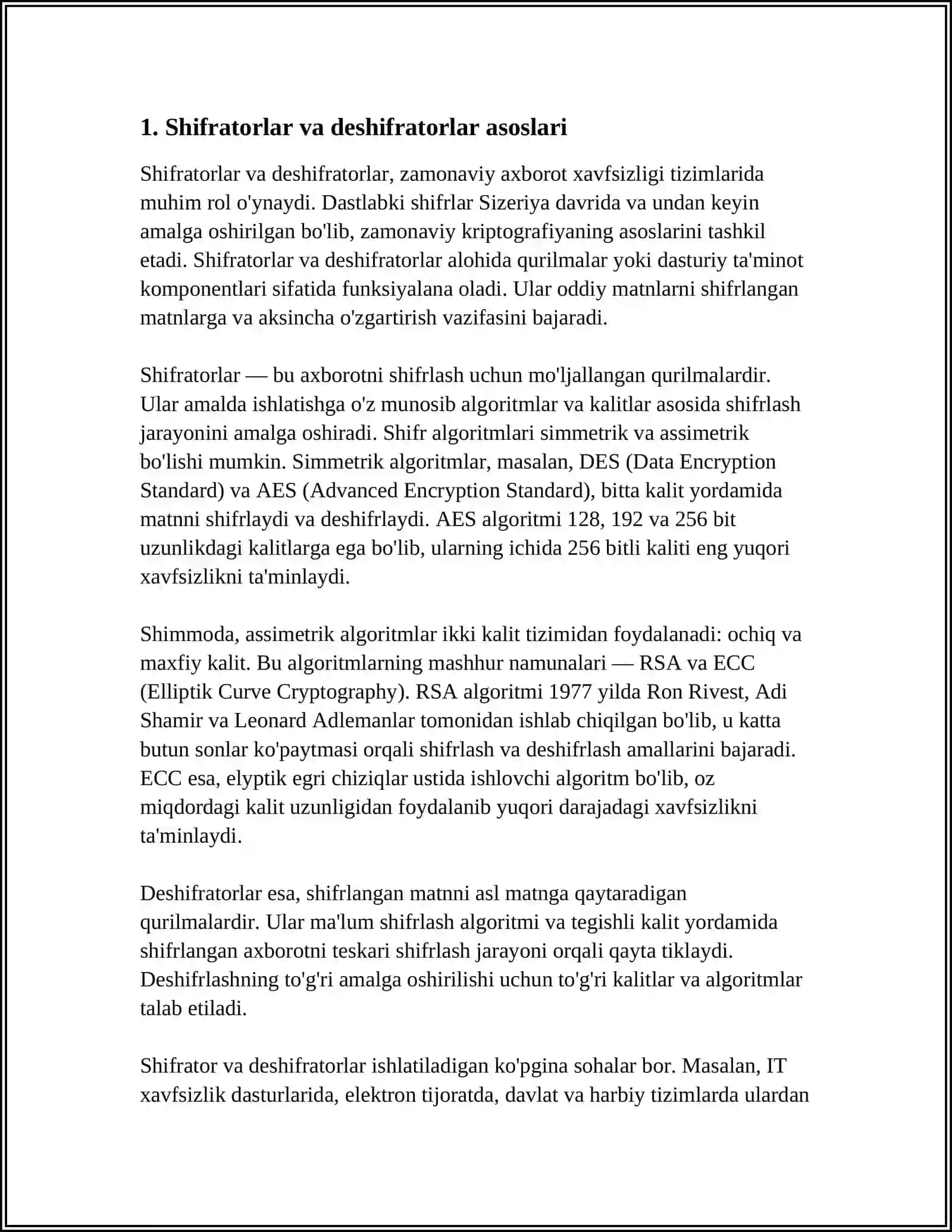 SHIFRATORLAR VA DESHIFRATORLAR. ULARNING TURLARI TUZILISHI VA ISHLASH PRINTSIPLARI 3