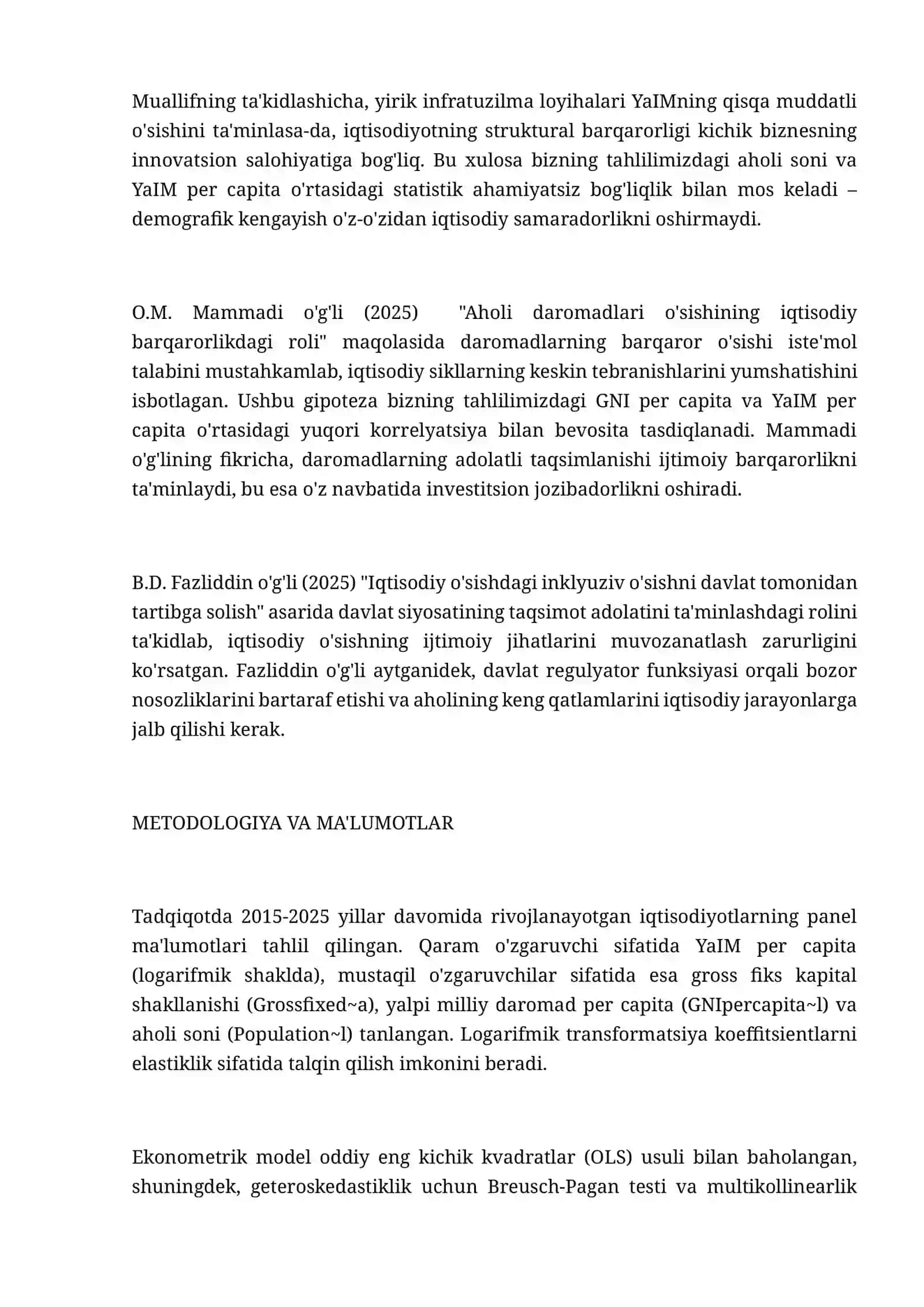 IQTISODIY O‘SISHGA INVESTITSIYA VA DAROMAD OMILLARINING TA’SIRI: EKONOMETRIK TAHLIL 3