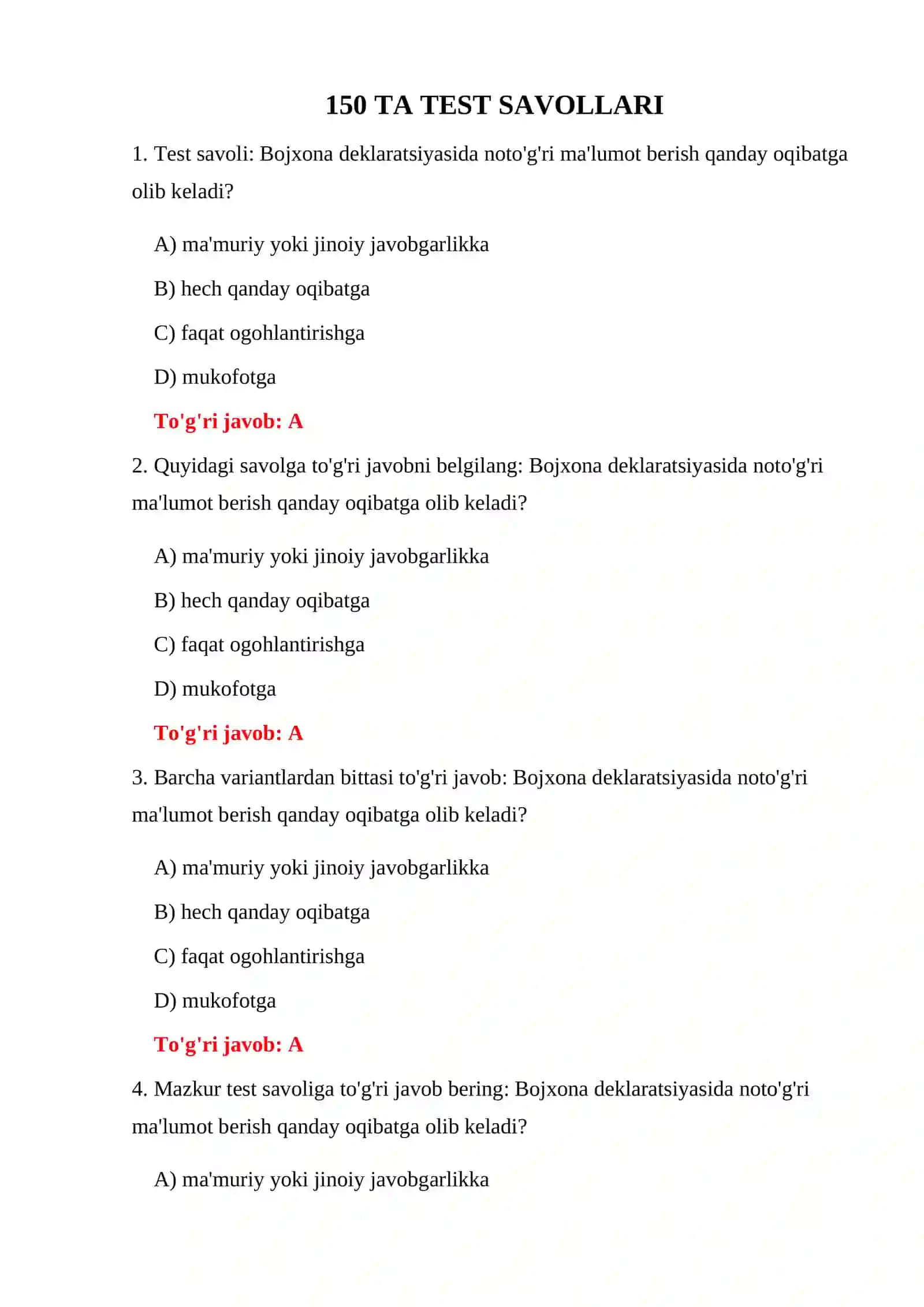 BOJXONA IMTIHONIGA TAYYORGARLIK TESTLARI 3