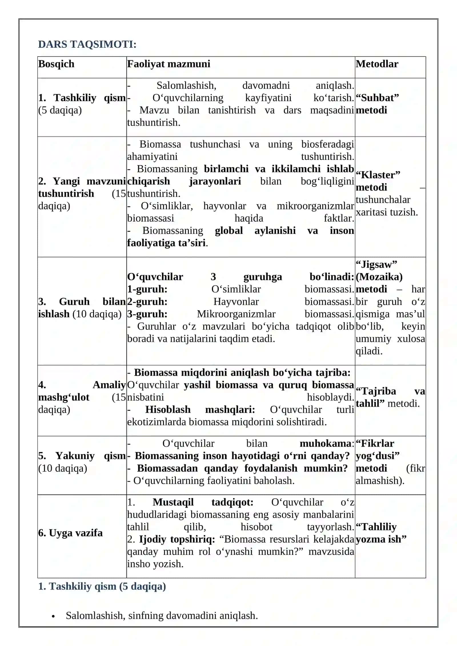 "Biosfera biomassasi" mavzusida tayyorlagan bir soatlik DARS ISHLANMASI 3