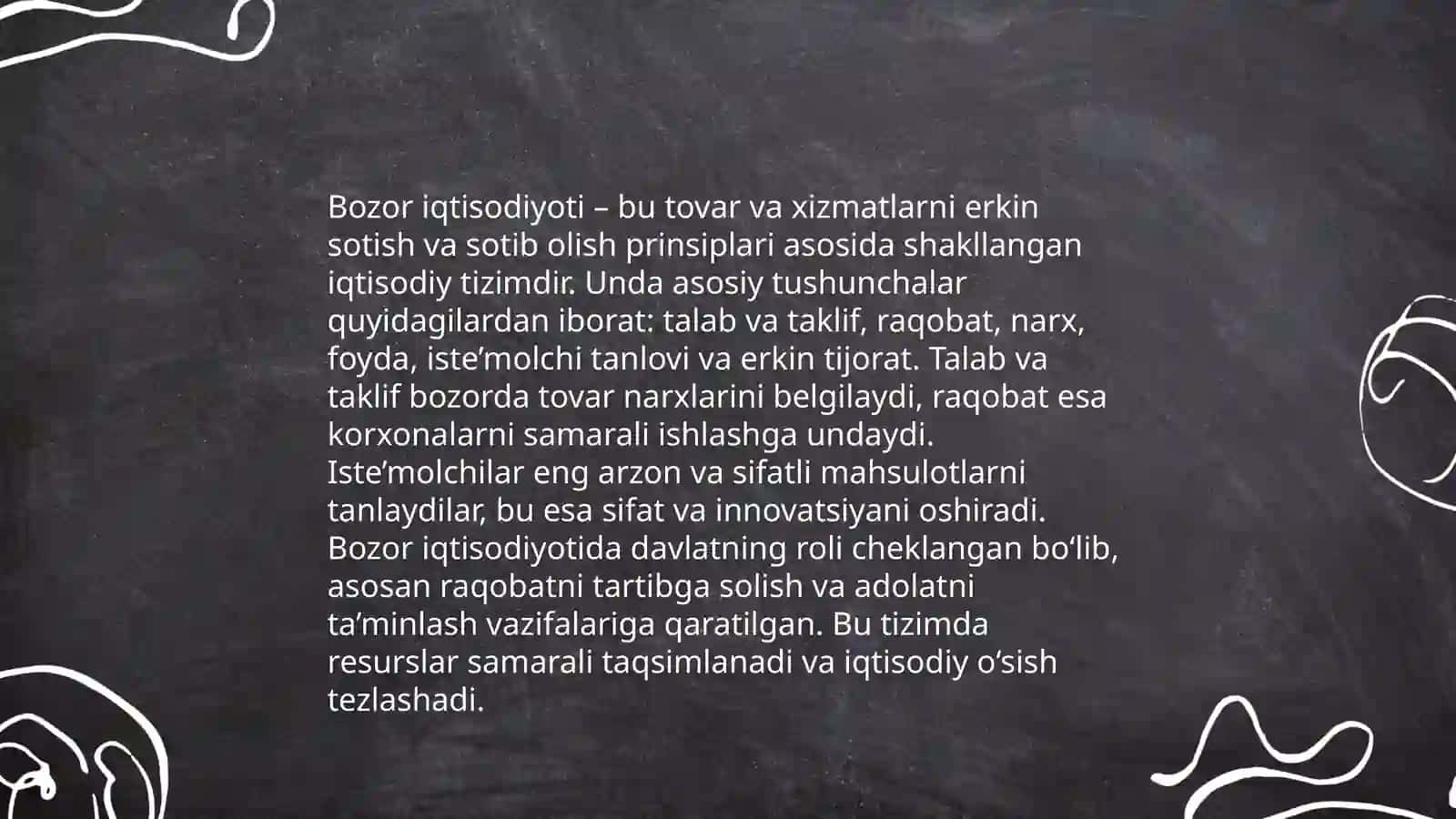Bozor iqtisodiyoti – bu tovar va xizmatlarni erkin sotish va sotib olish prinsiplari asosida shakllangan iqtisodiy tizimdir 3