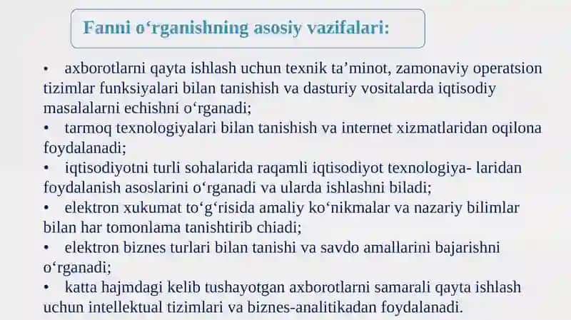 1-ma'ruza: Kirish. Axborot-kommunikatsion texnologiyalarining iqtisodiyotdagi o'rni va vazifalari 3