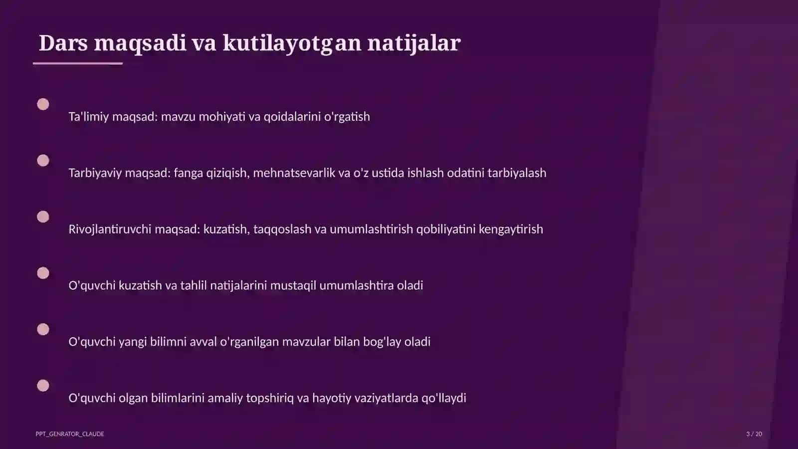 Dars tahlili: kuzatuv va baholash mezonlari 3