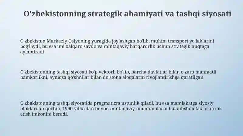 O'zbekistonning Markaziy Osiyoda tinchlik va barqarorlikni ta'minlashdagi oʻrni 3