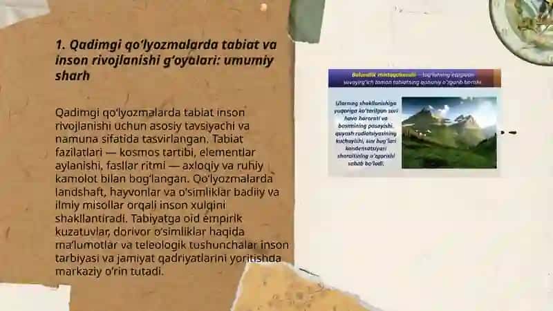 Qadimgi qoʻlyozmalarda inson rivojlanishida tabiatning roʻli haqidagi tushunchalarning yoritilishi 3
