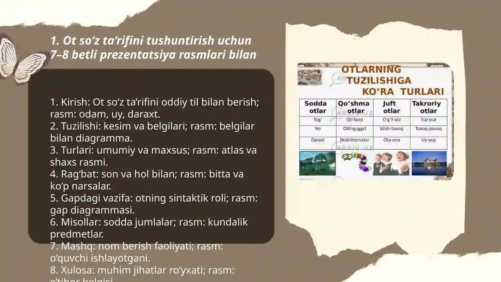 Ot so‘z turkumini o‘rganishda qo‘llanadigan ko‘rgazmalar haqida prezentataiya rasmlari 3