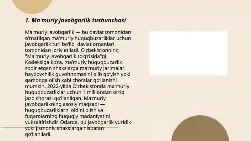 Ma'muriy javobgarlik to'g'risidagi qonunchilik. Ma'muriy javobgarlik tushunchasi,xususiyatlari va subyektlari. Ma'muriy javobgarlikdan Ozod qilish asoslari 3