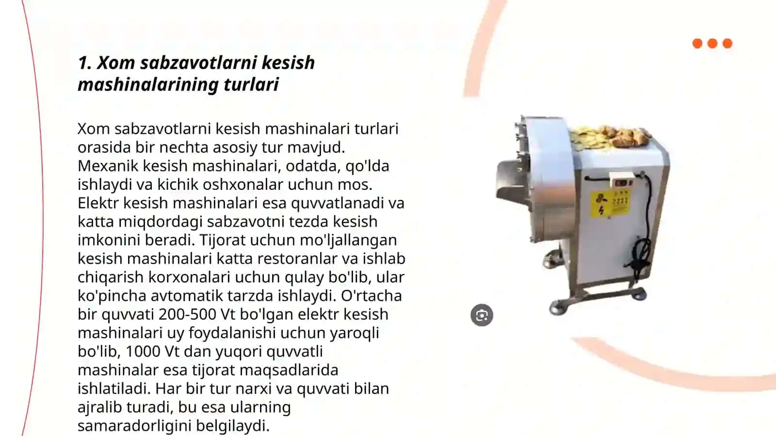 Xom sabzavotlarni kesish mashina va mexanizmlari,turlari va tavsifi.Oziq ovqat sanoatidagi ahamiyati 3