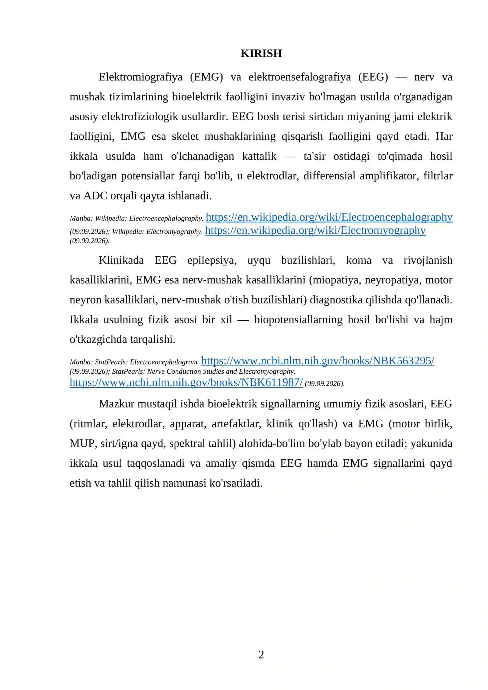 Bioelektrik signallarning fizik asoslari, EEG va EMG qayd apparatlari va klinik tahlil 3