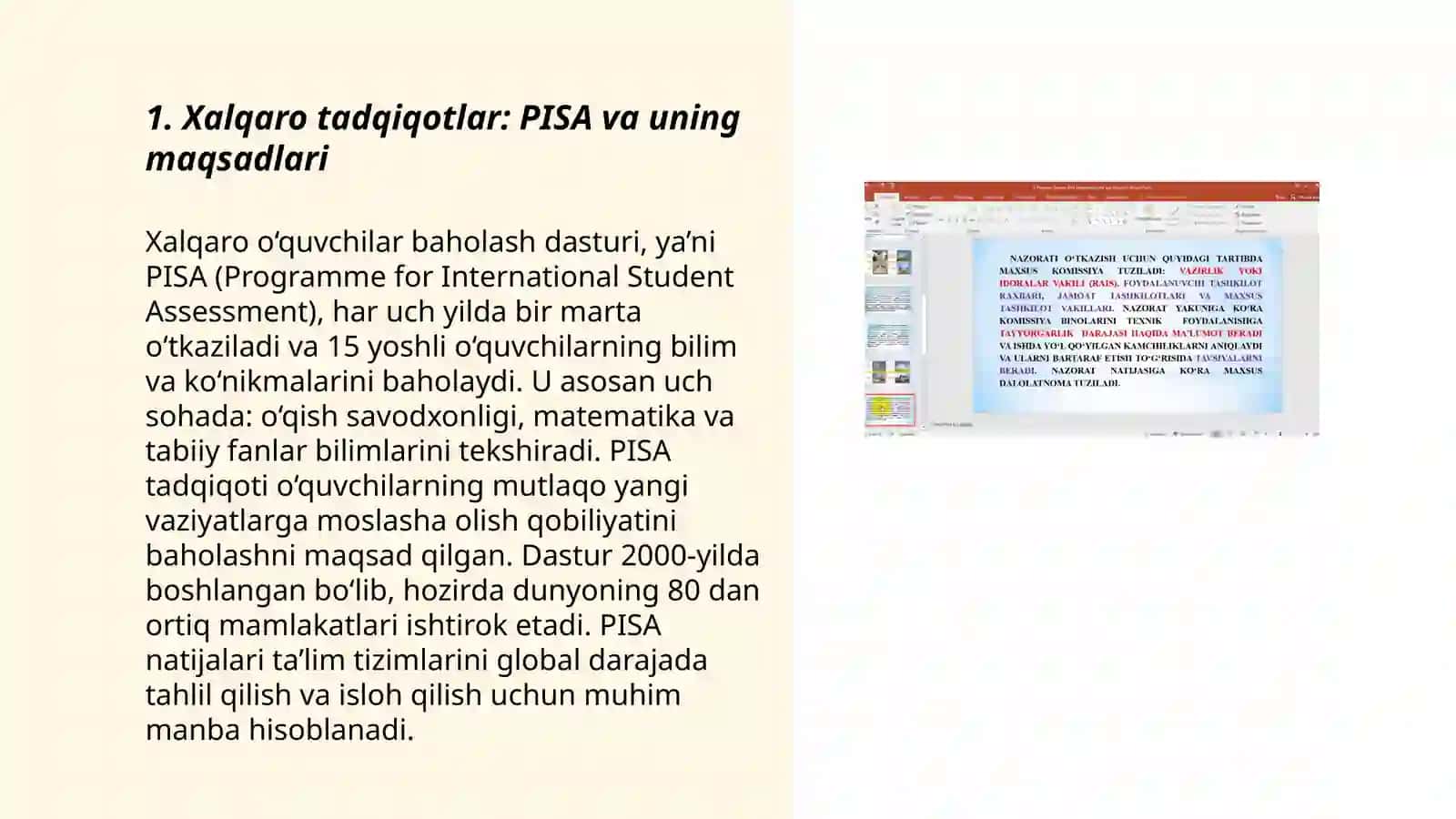Xalq taʼlimi tizimida taʼlim sifatini baholash bo'yicha xalqaro tadqiqotlarni ( PISA, TIMSS, PIRLS, TALIS) joriy etishning meyoriy huquqiy asoslari, asosiy maqsadlar va chora tadbirlar 3