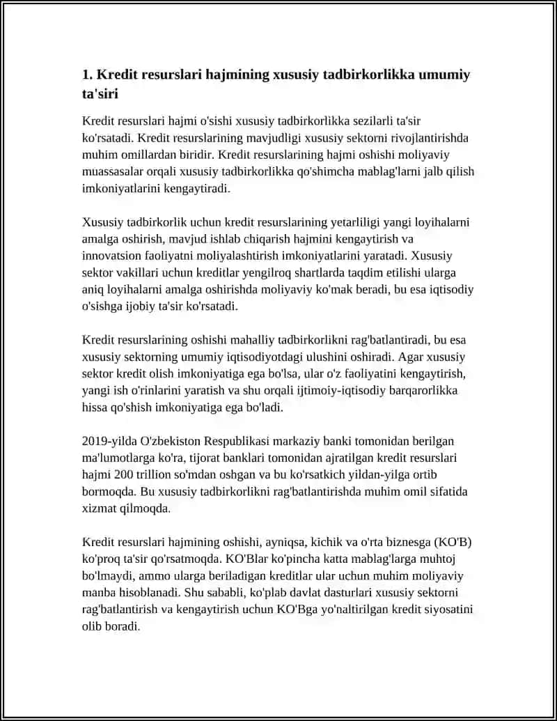 KREDIT RESURSLARI HAJMINING XUSUSIY TADBIRKORLIKKA TA'SIRI 3