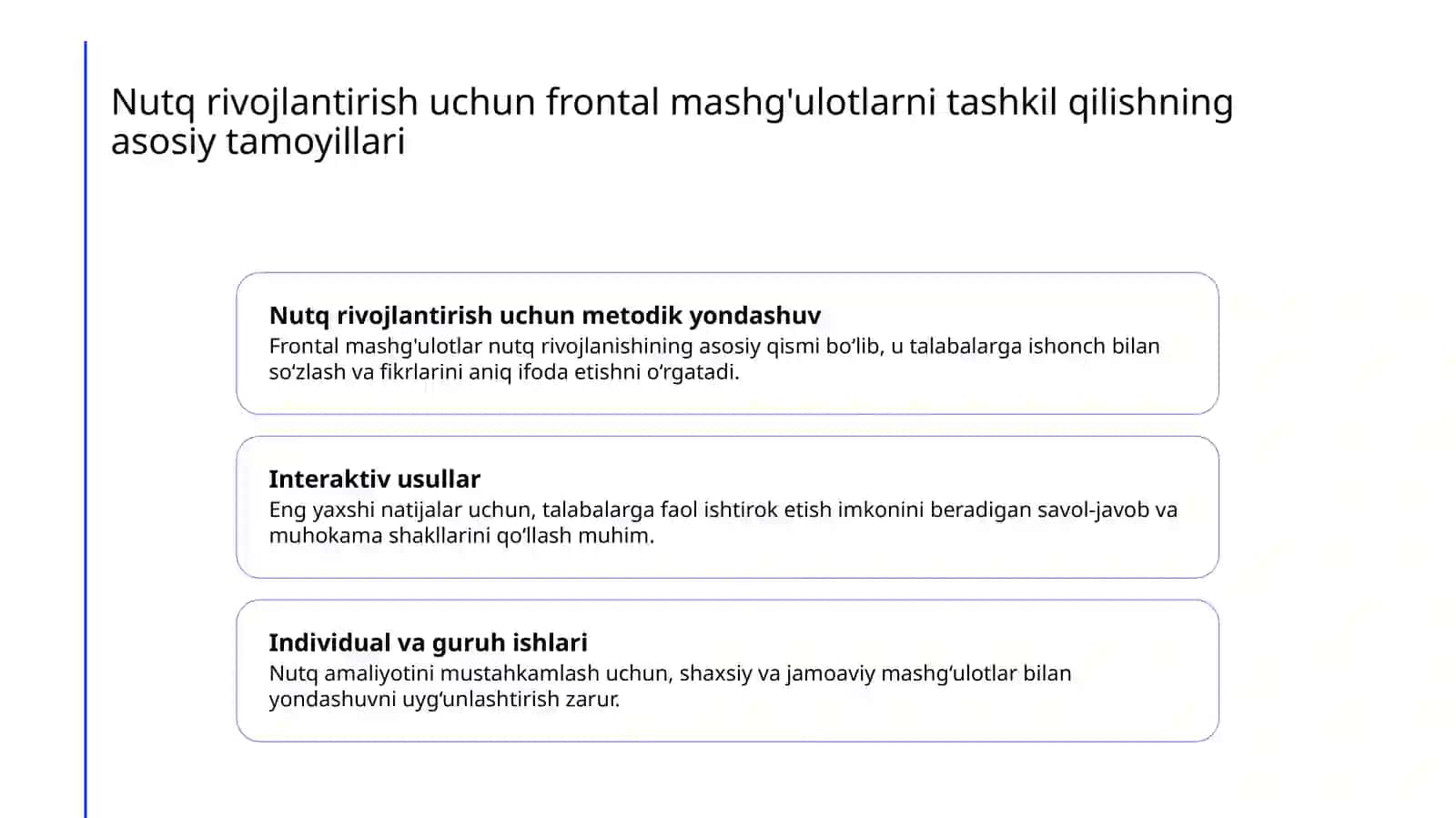 MTT da ilk qadam oquv dasturi asosida katta guruhda sentayabr oyining 3 haftasi "Men va biz oilamiz" mavsuzi boyicha nutq ostirish frontal mashguloti ishlanmasini tuzish va korgazmali vositalar asosida 3
