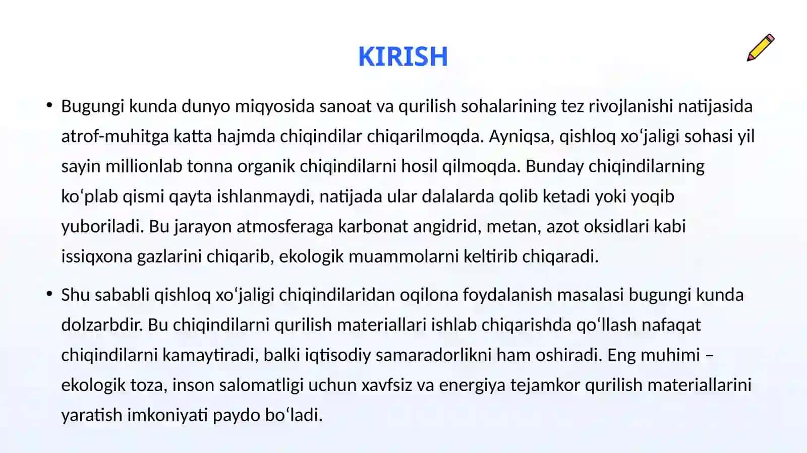 Qishloq xo‘jaligi chiqindilari asosida ekologik toza qurulish materiallarini ishlab chiqarish 3
