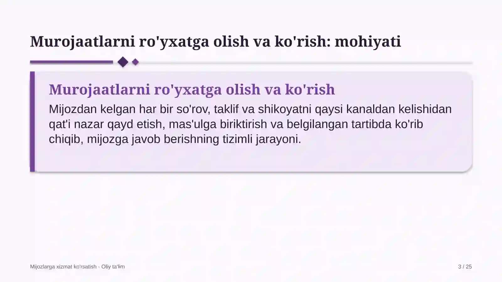 Mijozlarga xizmat ko'rsatish · Oliy ta'lim 3