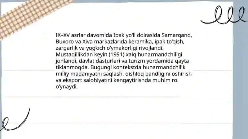 Xalq hunarmandchiligining bugungi kundagi ahamiyati haqida hisobot bering 3
