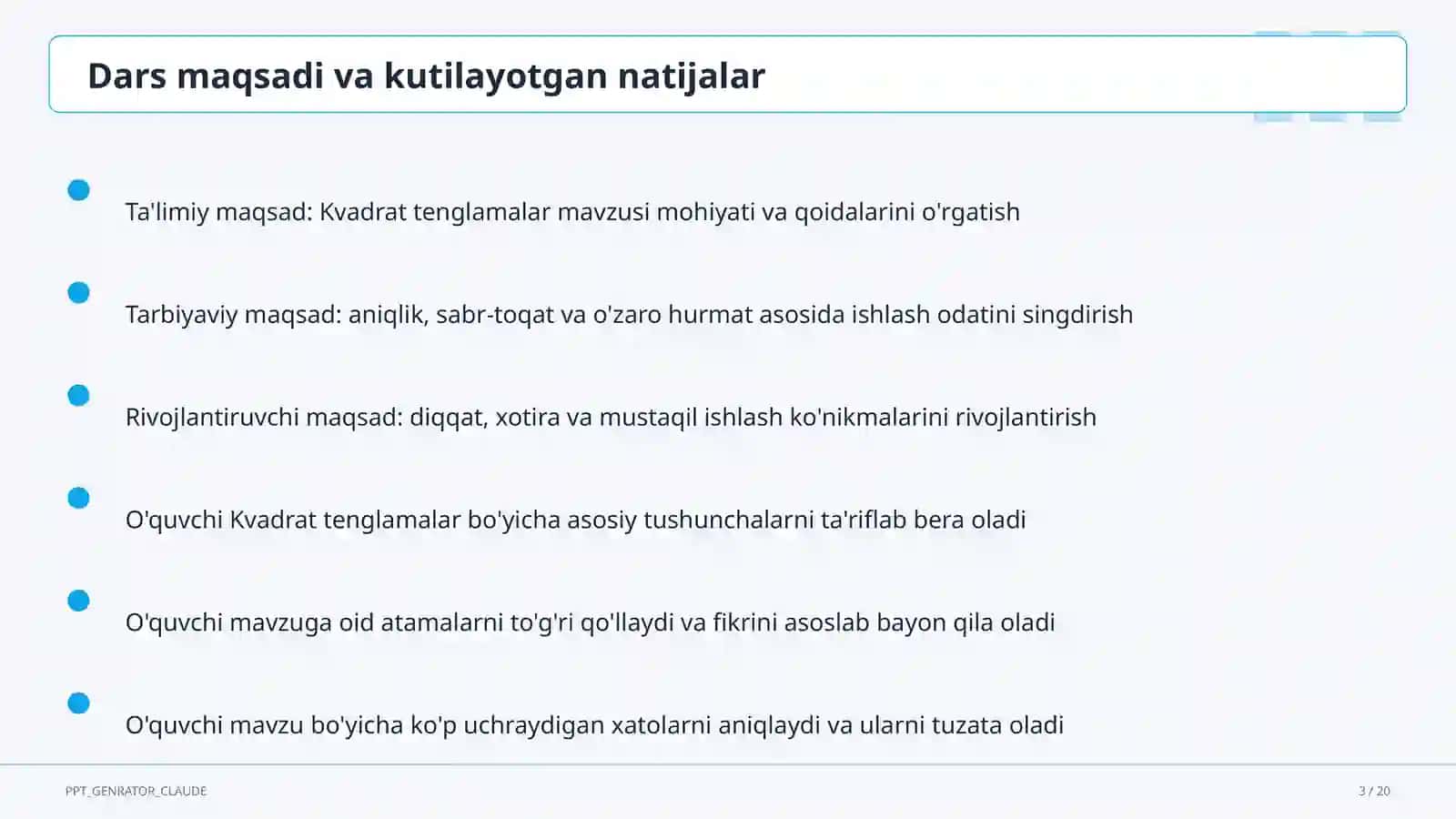 Kvadrat tenglamalar (8-sinf) 3