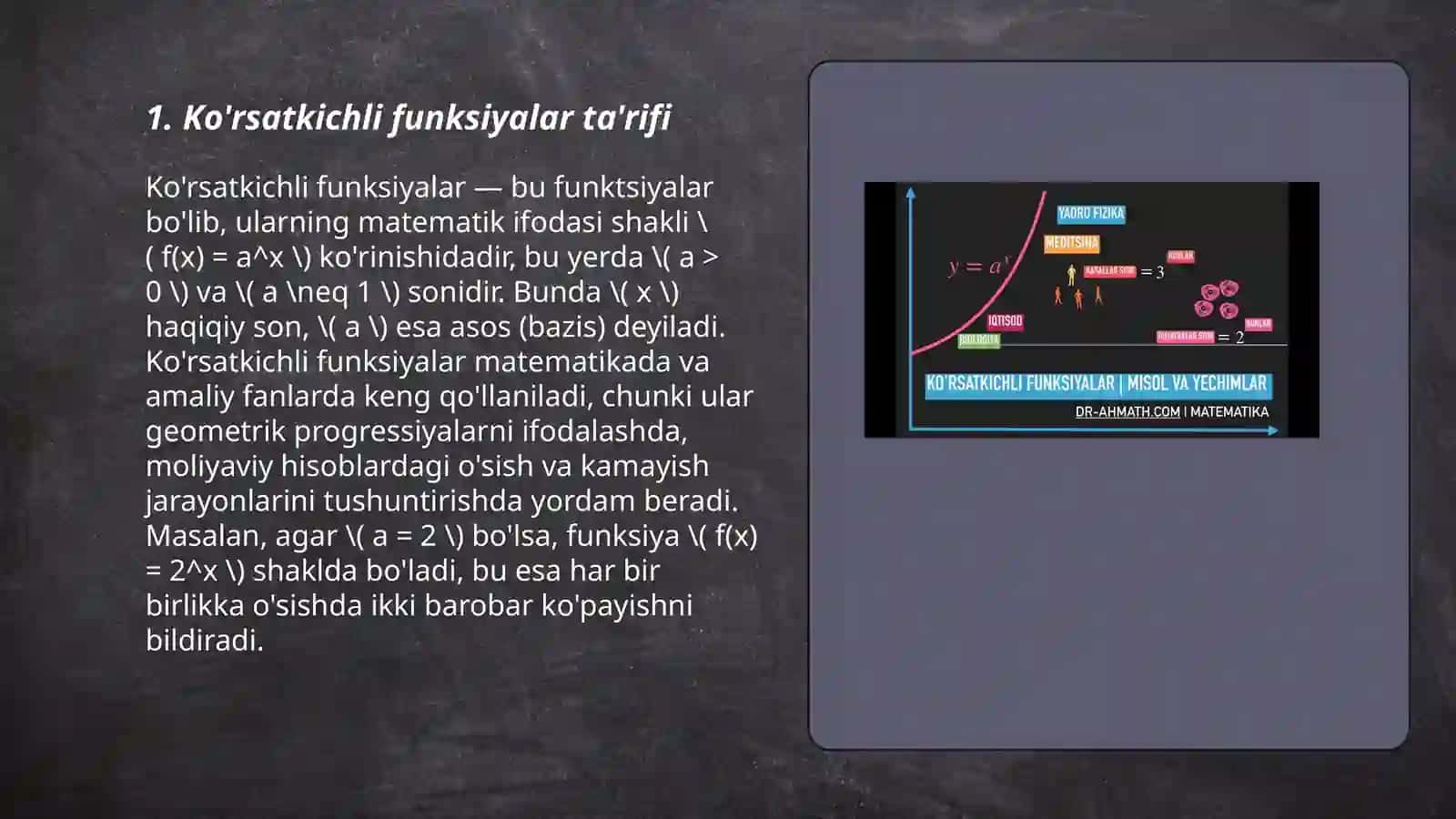 Korsatkichli funsiya xossalari va grafigi. Ko'rsatkichli ifodalarni soddalashtirish 3