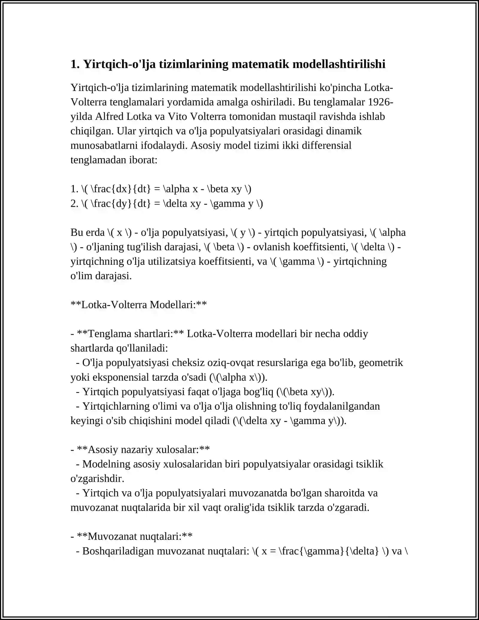 YIRTQISH-O'LJA TIZIM MUNOSABATLARINI SONLI MODELLASHTIRISH 3