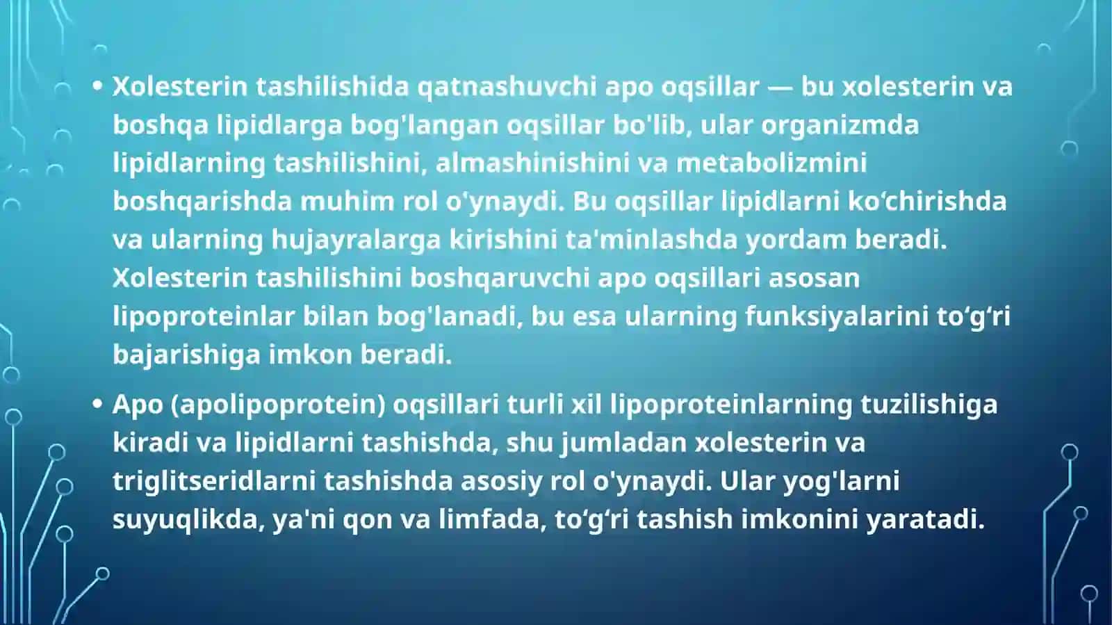 xolesterin tashilishida qatnashuvchi apo oqsillar.yog’bosishva semirish.sfingolipidlar 3
