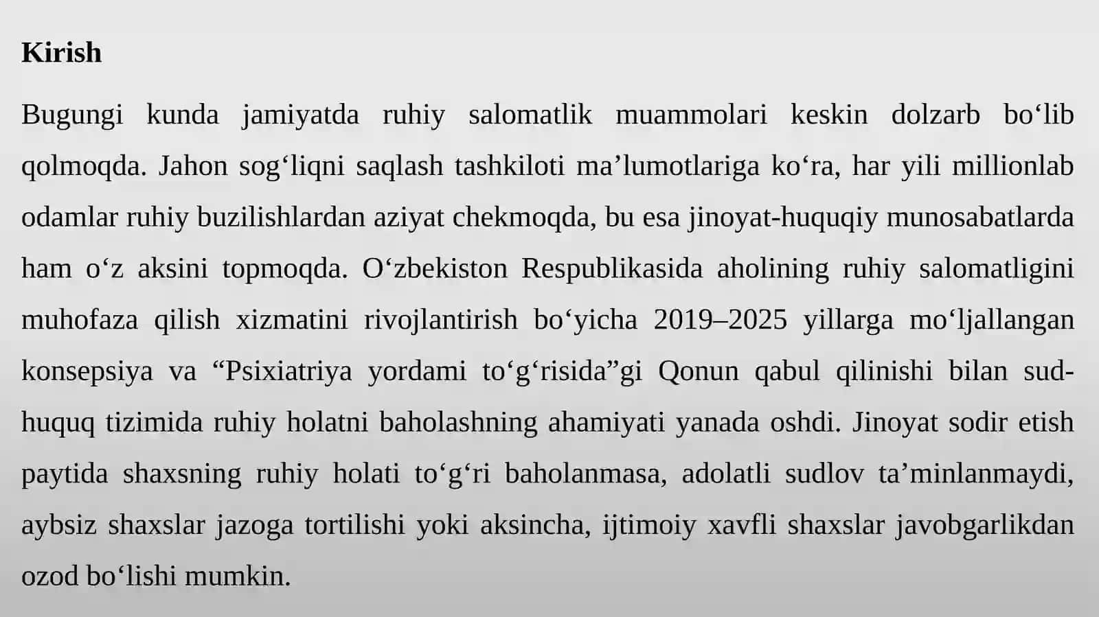 Sud psixiatriyasi asoslari.Sud psixiatriyasiga kirish.Ruhiy buzilish tushunchasi. Norma va patologiyani farqlash.Aqlan norasolik:yuridik va tibbiy mezonlar.Cheklangan aqlan norasolik va uning huquqiy oqibatlari 3