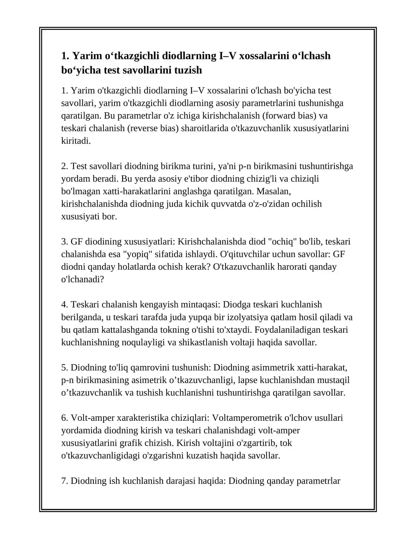 YARIM O'TKAZGICHLI DIOD PARAMETRLARI VA XARAKTERISTIKALARI BO'YICHA TEST TUZISH 3