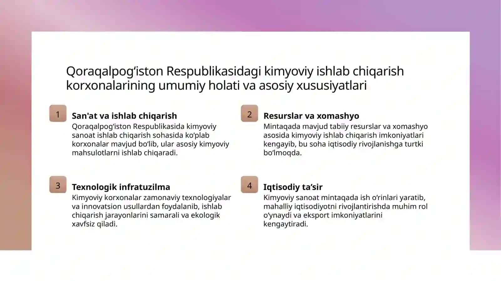 Qoraqalpog‘iston Respublikasidagi kimyoviy ishlab chiqarish korxonalarining umumiy holati va asosiy xususiyatlari 3