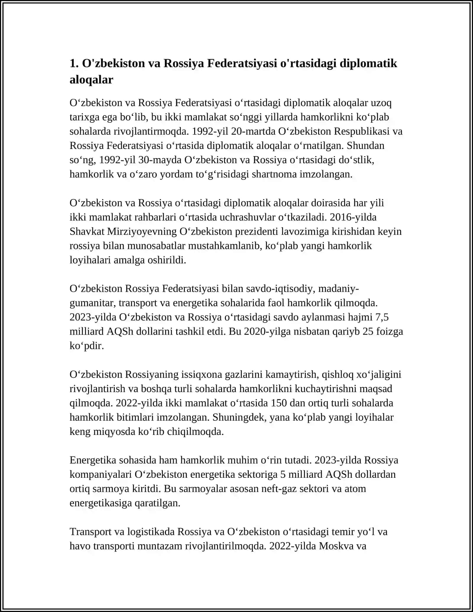 O'ZBEKISTON VA ROSIYAA FEDERATSIYAI O'RTASIDAGI MUNOSABATLAR REFERAT 3