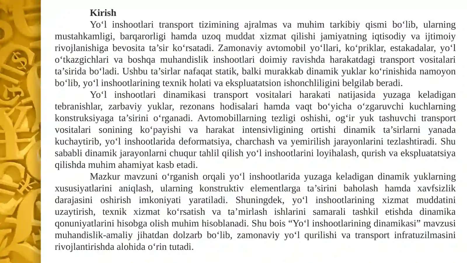Yo‘l inshootlarining dinamikasi 3