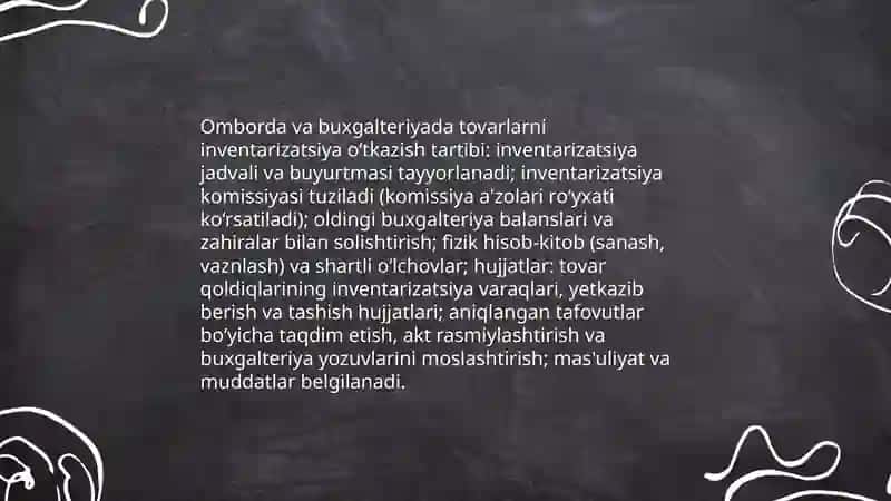 Omborlar va buxgalteriyada tovarlami hisobga olishni tekshirish 3