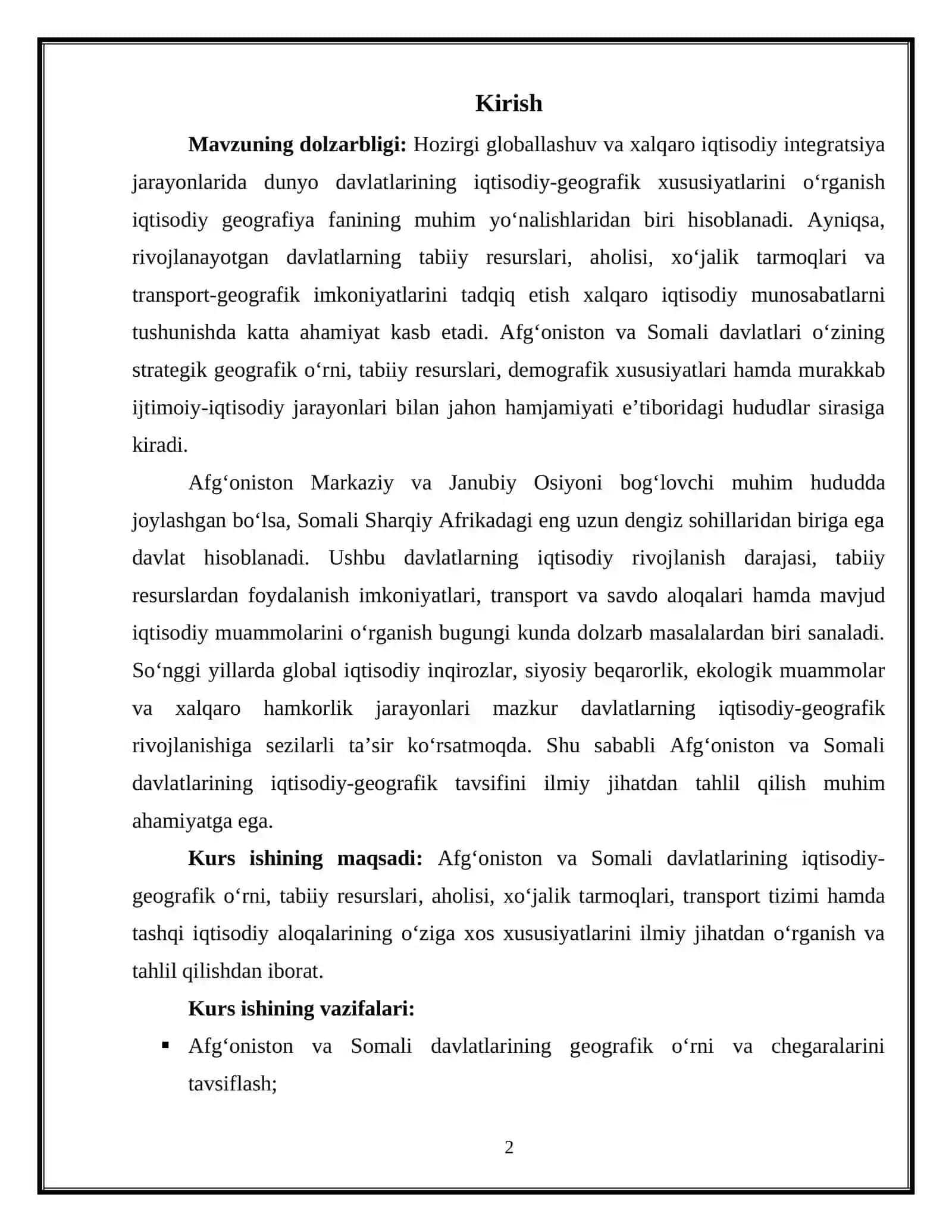 KURS ISHI: Afgʻoniston va Somali davlatlariga iqtisodiy geografik tavsif 3