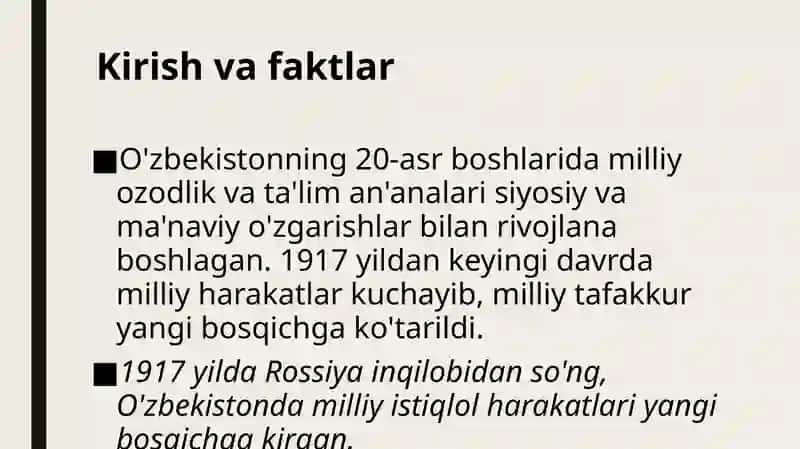 Milliy davlatchlikni barpo etishdagi harakatlar: Jadidchilik. Mustabid tuzum davrida O‘zbekistondagi qatag‘onlik davrining asosiy bosqichlari 80-90 yillarda O‘zbekistonning ijtimoiy-iqtisodiy va siyosiy ahvoli 3