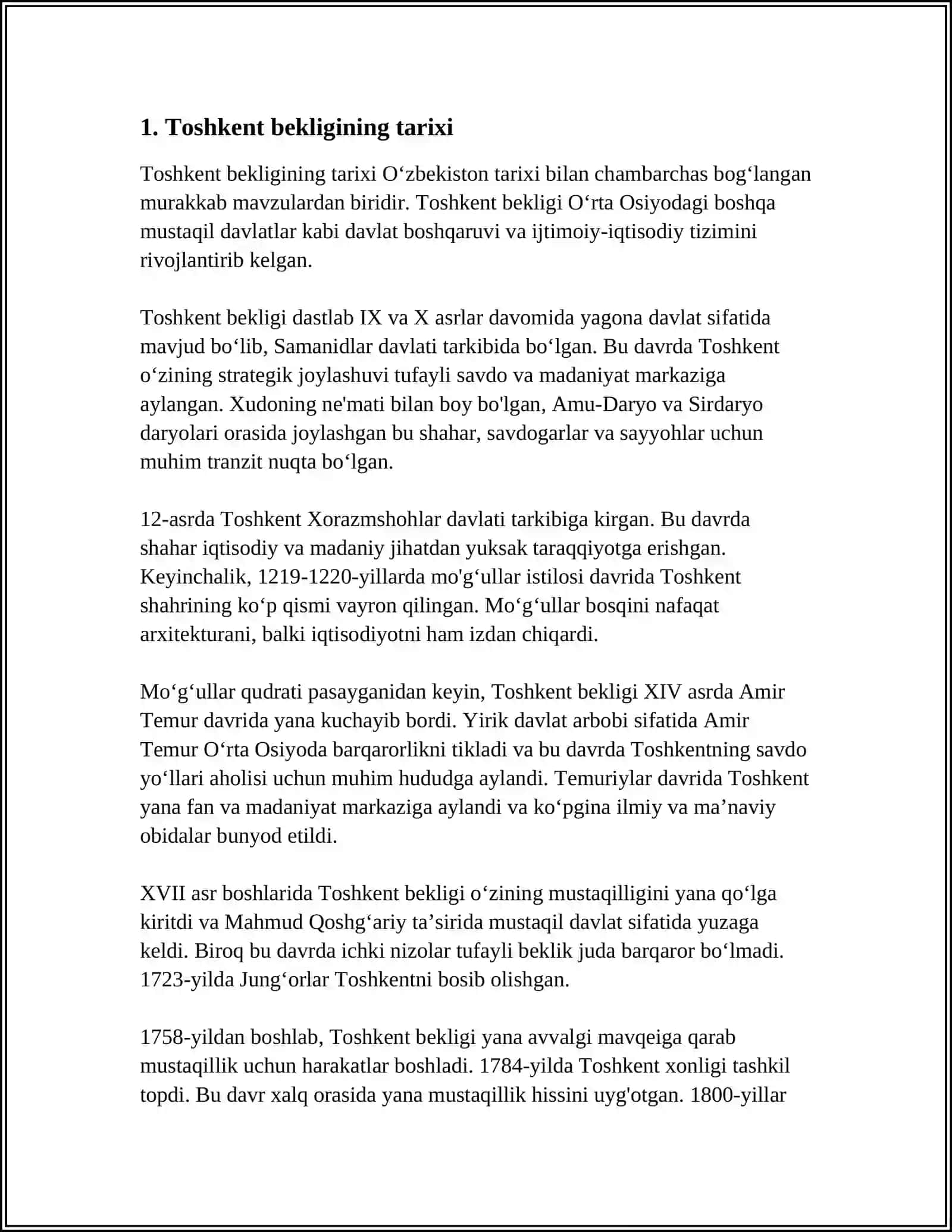 Toshkent Bekligi va uning Xonliklar bilan Munosabatlari - Referat 3